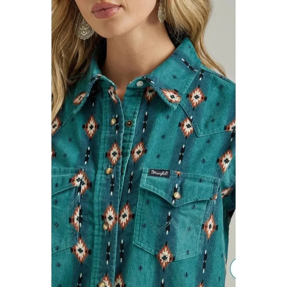 Wrangler NWT retro blue teal checotah corduroy dress size Large - Picture 2 of 9